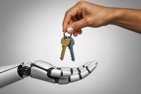 Human hand handing keys to a robot hand, representing delegated access and AI risk