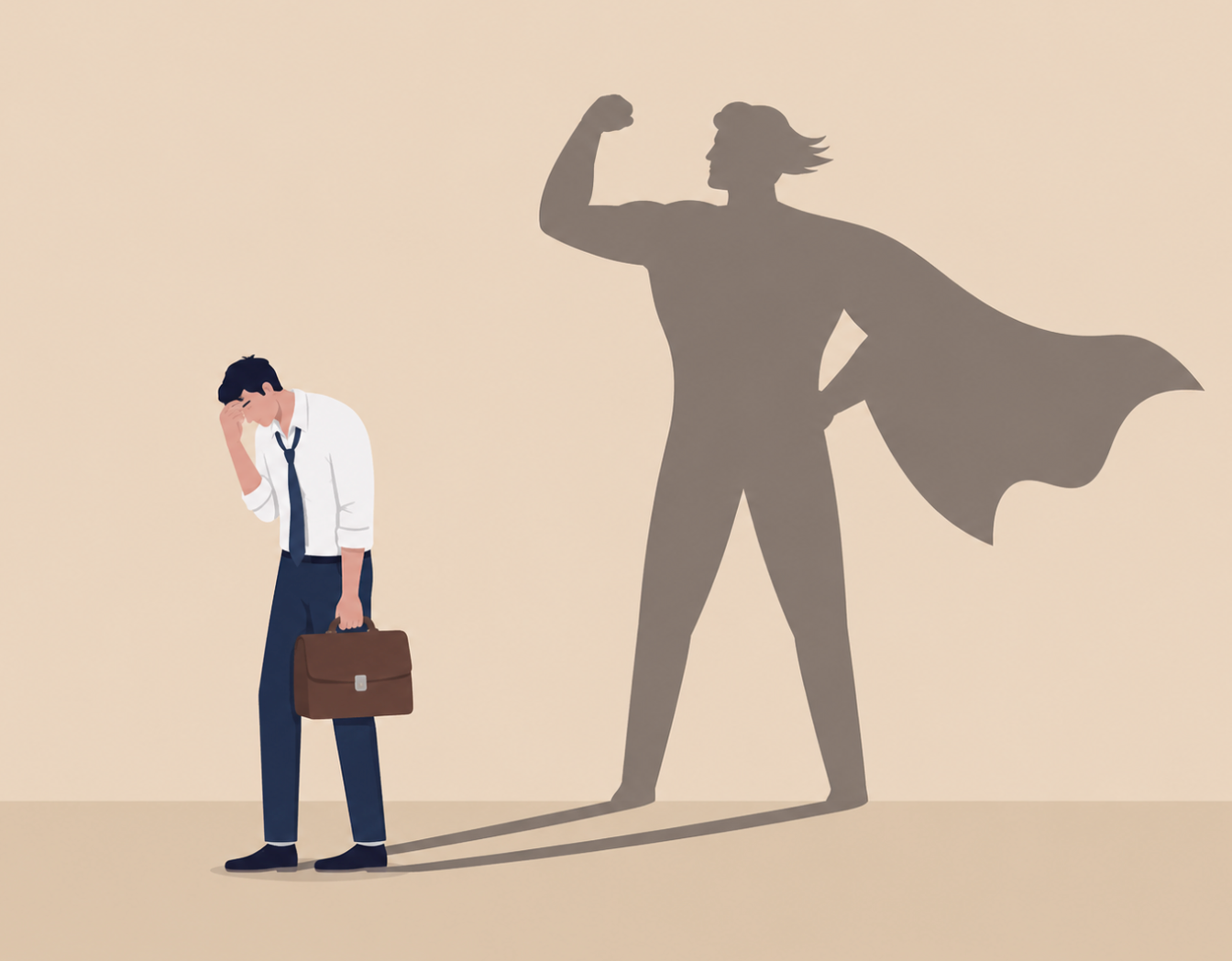 Tired worker casting a superhero shadow, representing hidden operational heroics
